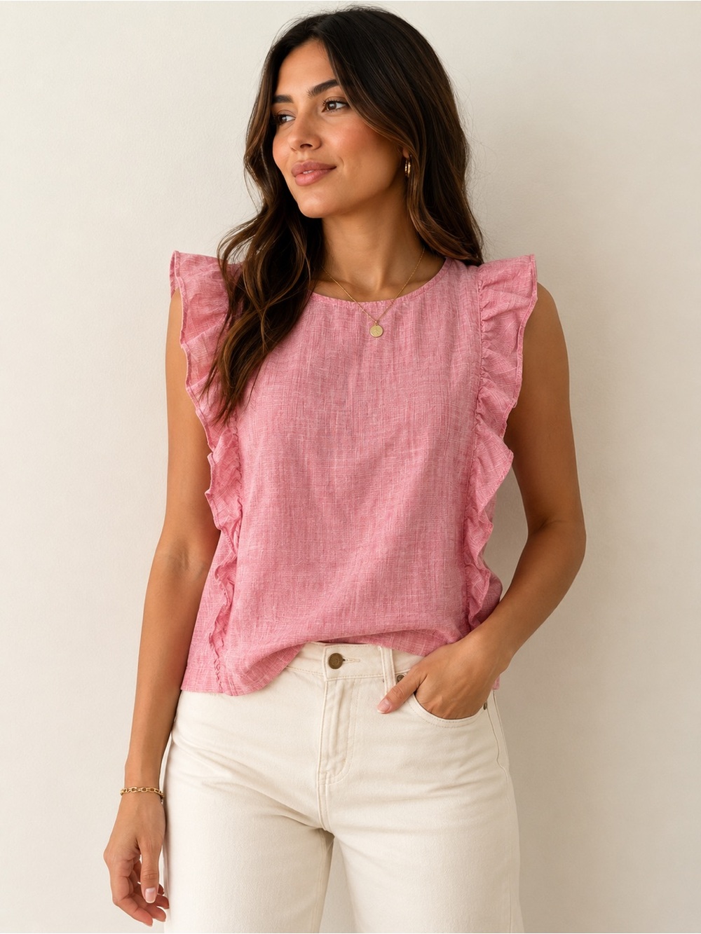 Madewell Pink Ruffle-Trim Sleeveless Cotton Size Large Top